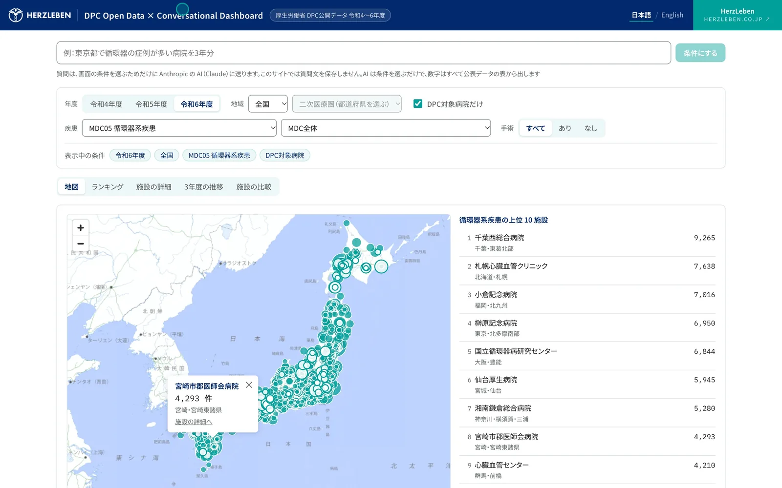 地図。円を押すと病院の情報が出る