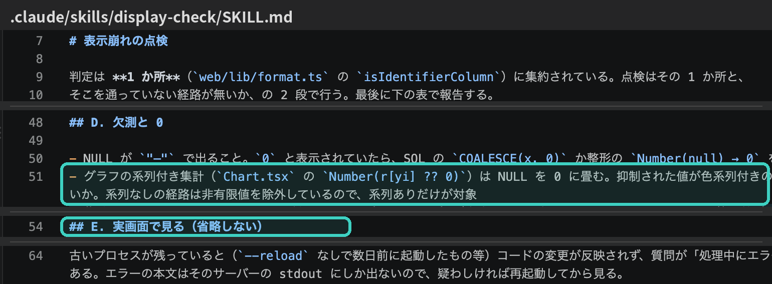 display-check の SKILL.md。判定は1か所、D は欠測と 0、E は実画面(省略しない)