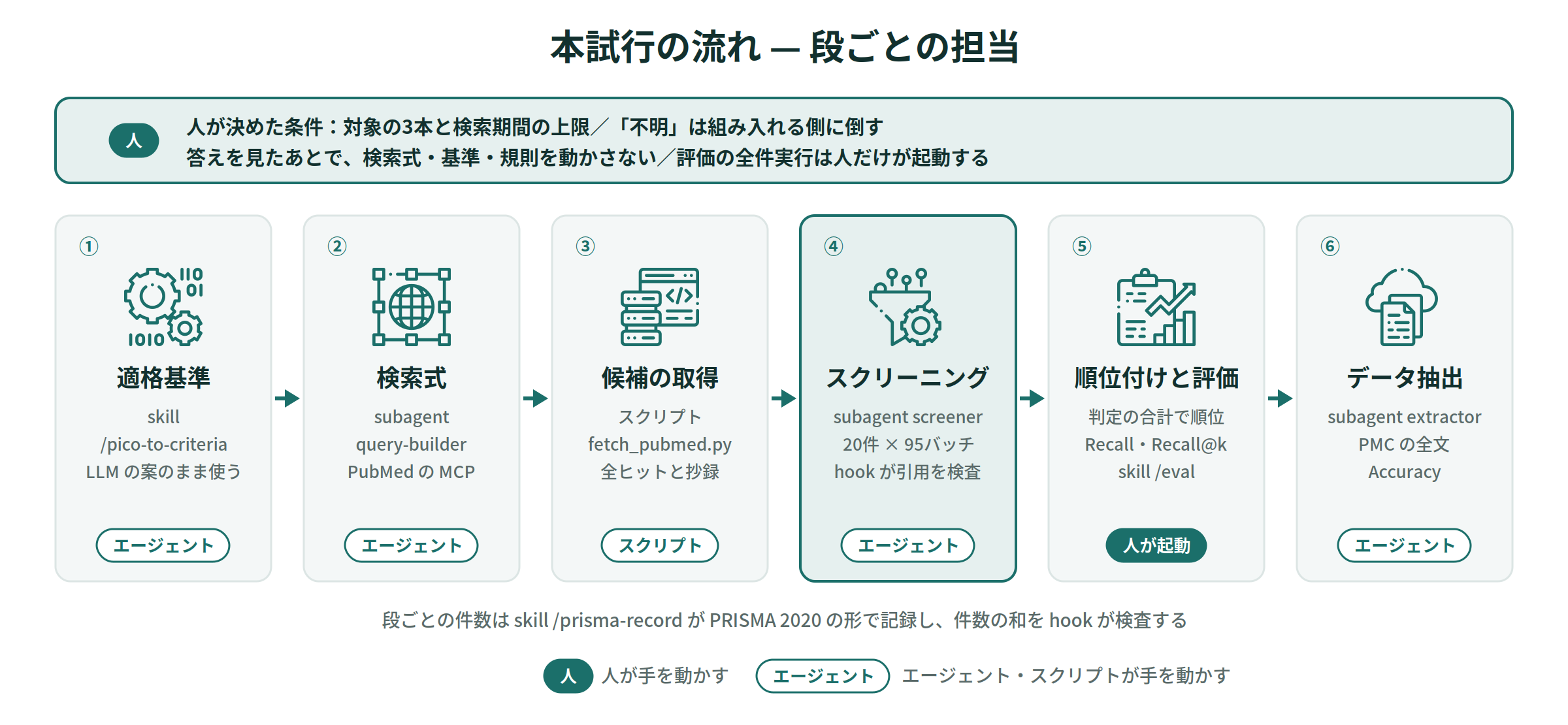 本試行の流れ — 段ごとの担当と、人が決めたこと