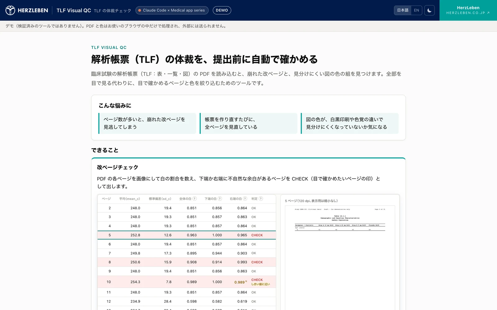 TLF Visual QC の入口のページ。「解析帳票(TLF)の体裁を、提出前に自動で確かめる」の見出しと、こんな悩みに・できること